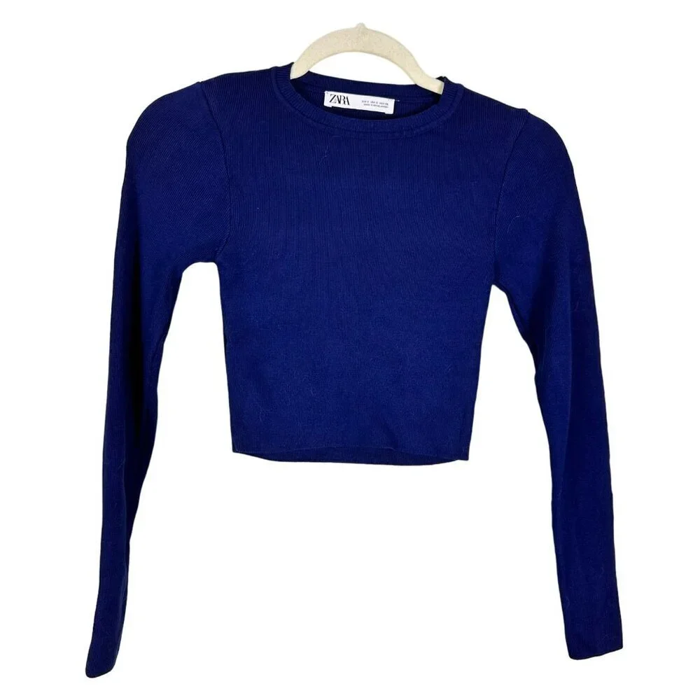 2/$30 Zara Blue Knit Crop‎ Top Long Sleeve Size Small